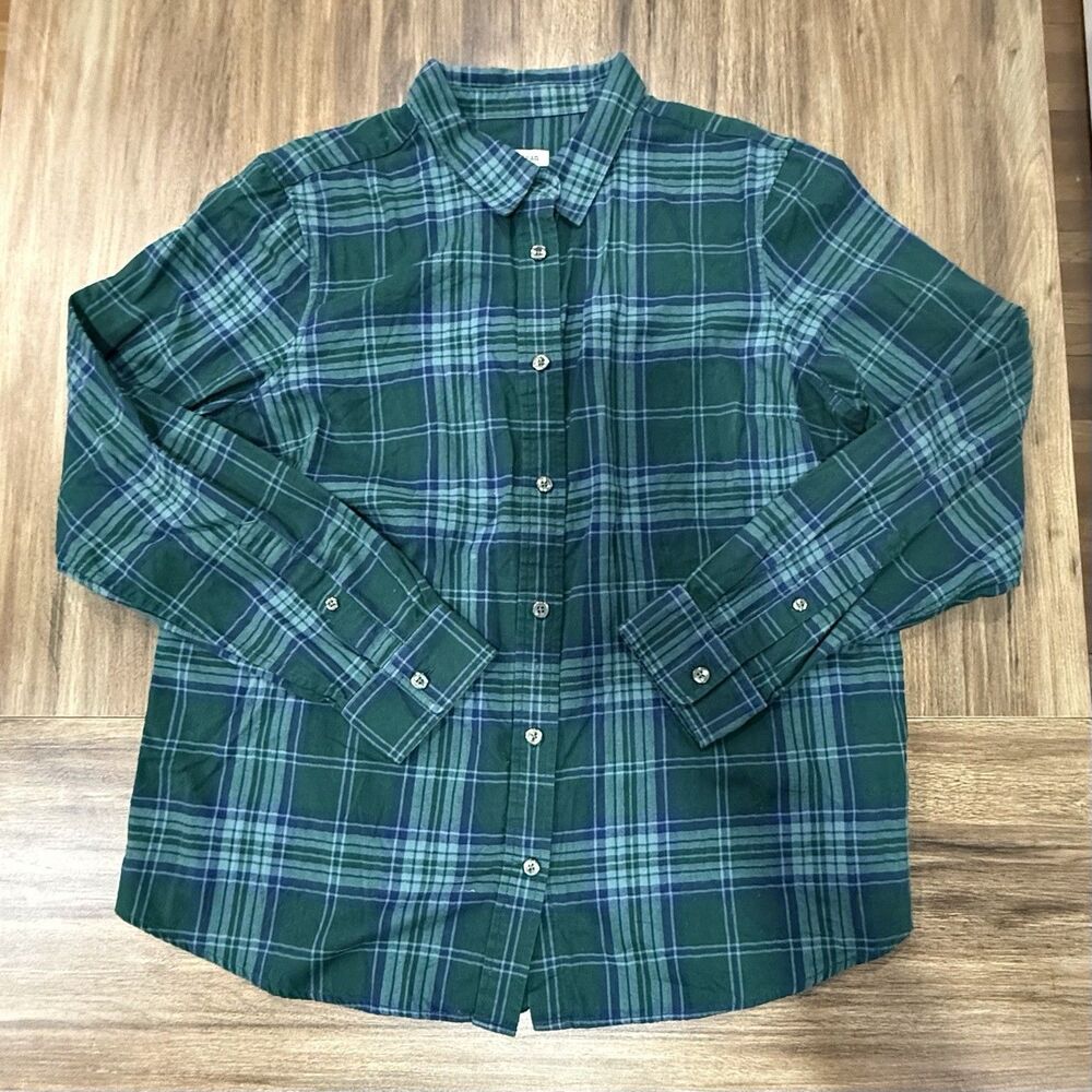 L.L. Bean Button-Up Women’s Green 100% Organic Cotton Plaid Collared Size Medium